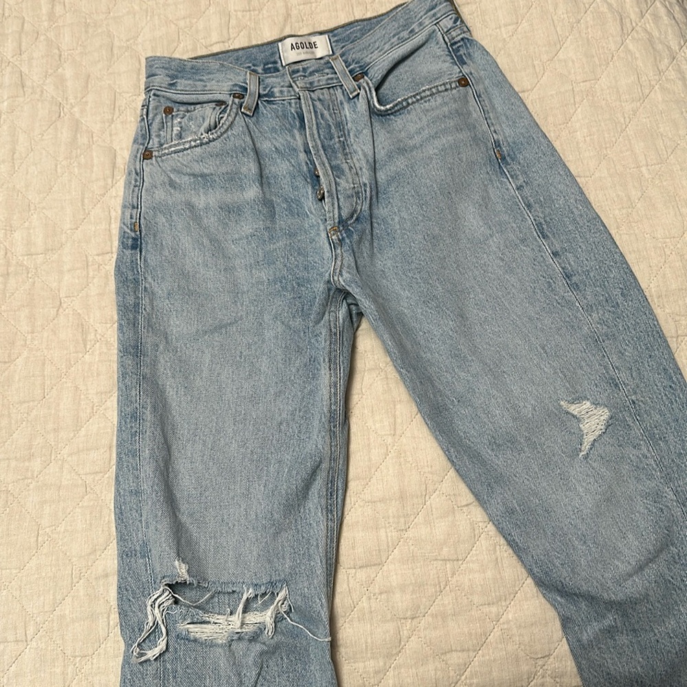 Aritzia Agolde - Riley High Waist Crop Jean - Ripped Blue Size 24 - Shatter Wash - Picture 2 of 9